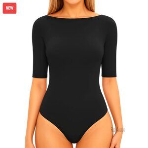 Half Sleeve Boat Neck Bodysuit 3/4 Sleeve Fitted Cotton Blend Tops